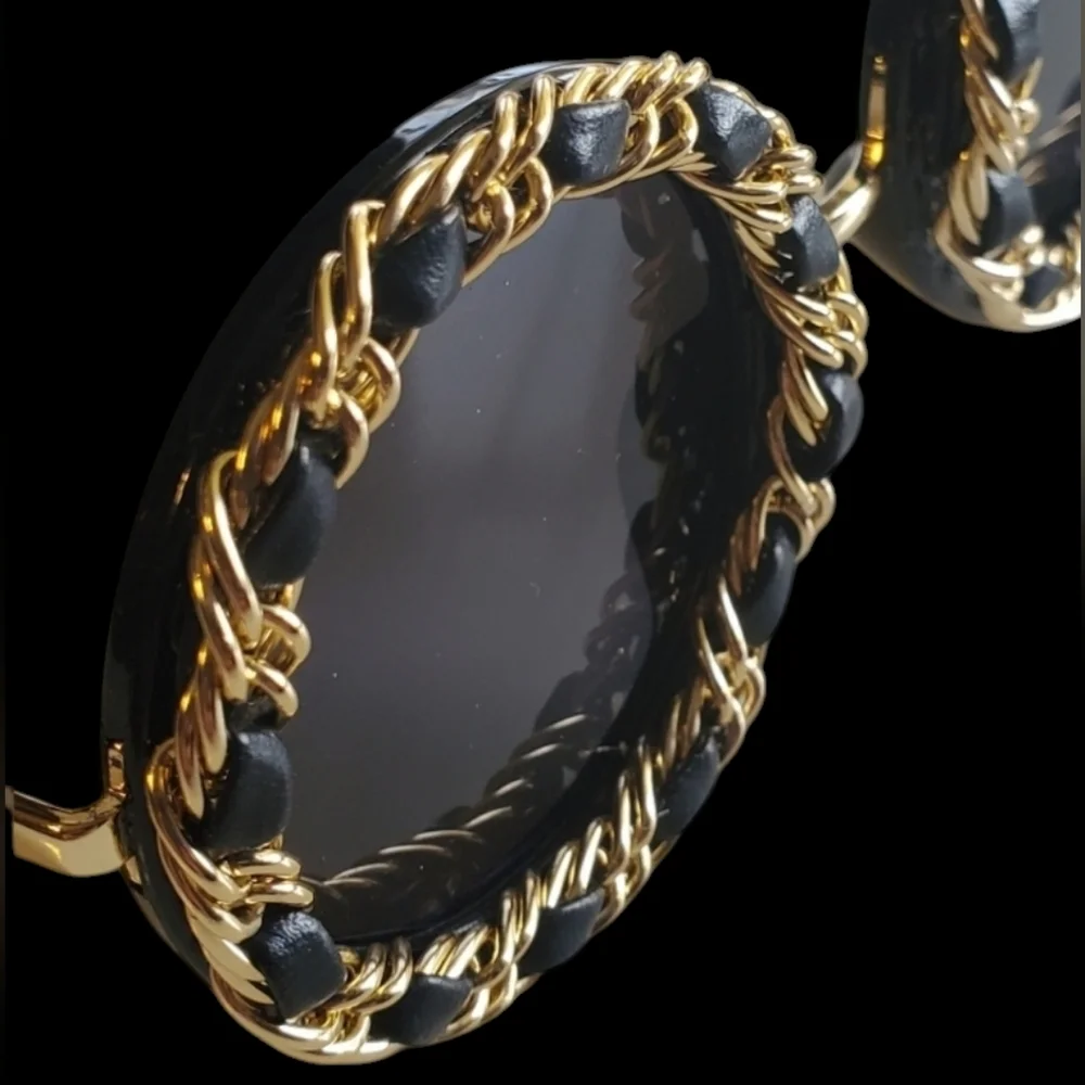 Round Chain Framed Sunglasses Black & Gold Boho Vintage Retro